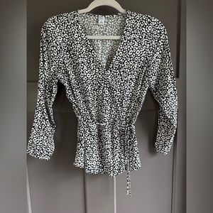 Black & White Cheetah Print Blouse with Cinched Waist and 3/4 Sleeves
